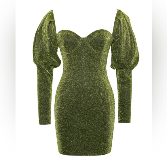 Miss circle Green Metallic Puffed Shoulder Sleeve Mini Dress - Picture 4 of 6